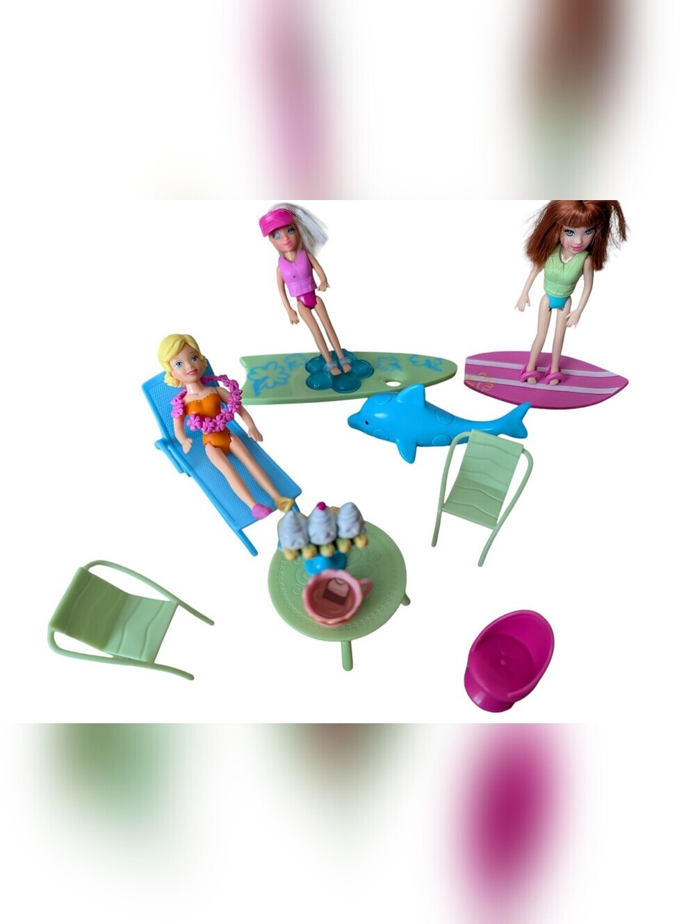 Vintage 2006 Mattel Polly Pocket Summer Beach Vacation Dolphin Surfboard Lot